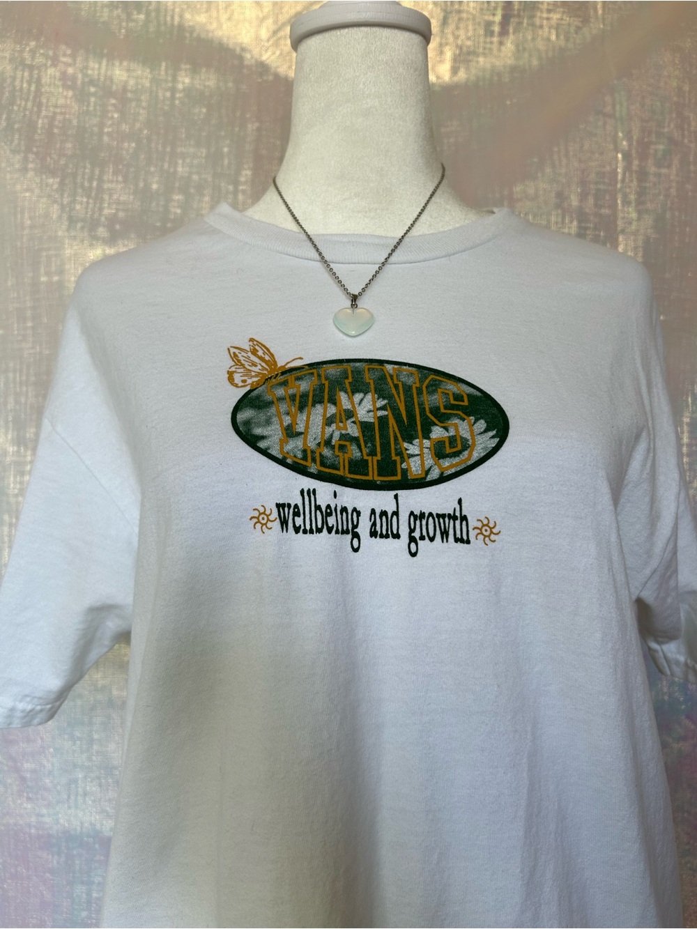 Vans Wellbeing & Growth White Tee with Green Oval and Gold Accents. Size M.